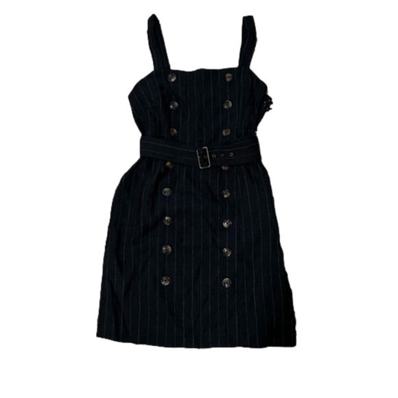 Foreve 21 XXI contemporary pinstripe woven navy brown overall mini dress small - Picture 1 of 4
